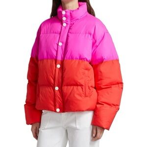 NWT MOTHER The Drop Pillow Talk Quilted Puffer Jacket Pink Red Small